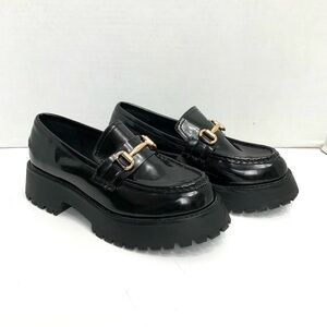 ASOS DESIGN Sz 7 Black Patent Leather Masterpiece Chunky Chain Loafers Lug Sole